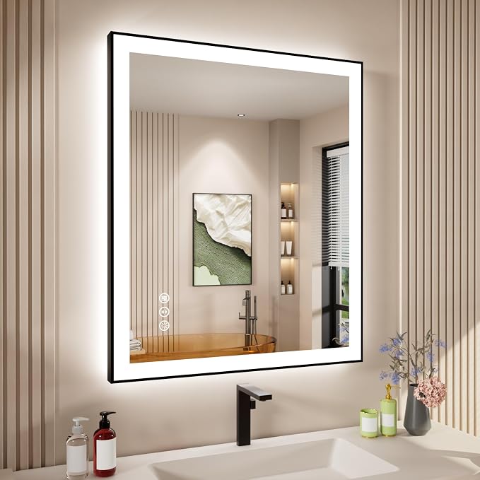 30x36 Inch LED Bathroom Mirror with Black Frame | Black Metal Frame, Front and Backlit, 3 Colors, Dimmable, Memory, Anti Fog, Tempered Glass, Lighted Mirror for Wall