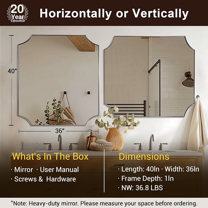36"x40" Brushed Nickel Scalloped Bathroom Mirror | Anti-Rust Stainless Steel Frame 1" Deep, Unique Scalloped Edge Design, Ultra-HD Clarity, Hangs Vertically & Horizontally