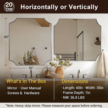 36"x40" Brushed Nickel Scalloped Bathroom Mirror | Anti-Rust Stainless Steel Frame 1" Deep, Unique Scalloped Edge Design, Ultra-HD Clarity, Hangs Vertically & Horizontally