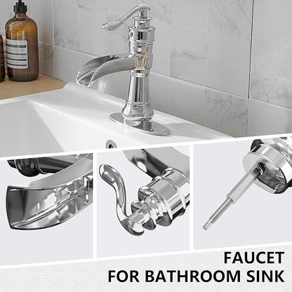 Bathroom Faucet Waterfall Chrome Single Handle Single Hole | Pop Up Drain,Easy to Clean,Stable Installation,Suitable for bathrooms, balconies and laundry room,Elegant Minimalist Style