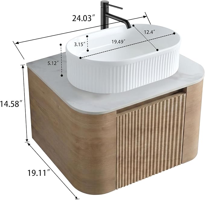 24" Preassembled Floating Bathroom Vanity with White Sink, Oak | Mid-Century Modern Style, Fluted & Soft-Close Drawer with U-shaped Wall, Sinterted Stone Countertop, Towel Rack Included