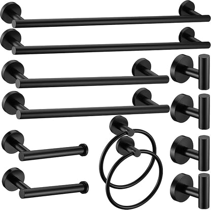 12 Pieces Matte Black Bathroom Hardware Accessories Set Hand Towel Ring 16&23.6 inch Round Towel Bar Toilet Paper Holder Towel Hooks 4 Pieces SUS 304 Stainless Steel,Heavy Duty,Wall Mounted