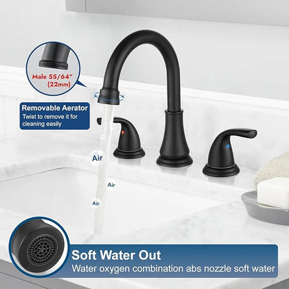 Widespread Bathroom Sink Faucet Deck Mounted 3 Hole 8 inch Bathroom Vanity Faucet 2 Handles Basin Mixer Tap with Pop up Drain, Matte Black