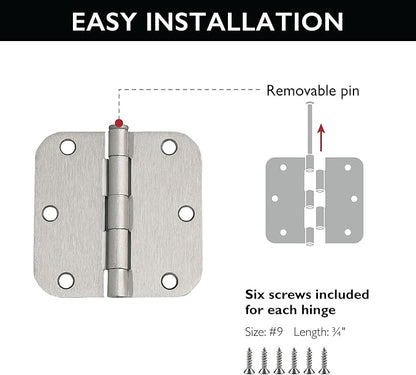 Design House Door Hinges for Interior Doors 6-Pack 3.5-inch x 3.5-inch – Rounded 5/8-inch Radius Steel Door Hinge – Satin Nickel – Fits Standard Doors – Design House 189688