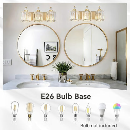 3-Light Modern Gold Bathroom Vanity Lights Brushed Brass Lighting Fixtures Over Mirror, Bathroom Vanity Lighting with Crystal Shade Wall Sconce E26 Base for Bedroom Livingroom Restroom Wall Lamp