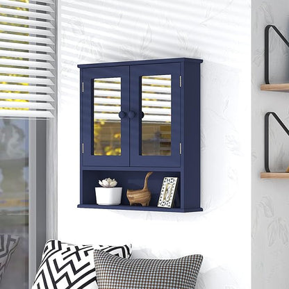 TaoHFE Blue Medicine Cabinet with Mirror, 2 Doors & 3 Open Shelves - Wall Mounted Wooden Storage Cabinet for Bathroom, Laundry or Kitchen