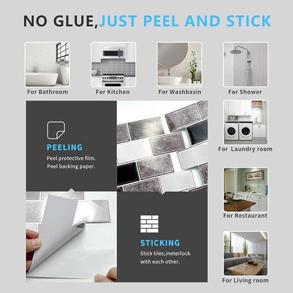 URCOLOR 10-Sheet Subway Tile Peel and Stick Backsplash for Kitchen,12"x12" Self Adhesive Wall Tiles Sticker on Back Splashes for Bathroom Gray Marble Design