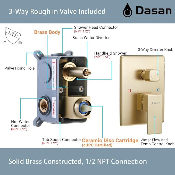 DASAN Tub Shower Faucets Sets Complete Brushed Gold Bathtub Shower System with Tub Spout, Bathtub Faucet Set Tub and Shower Faucet Combo Trim Kit with Rough-in Valve, DA-SS03BG-S10W
