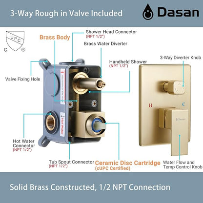 DASAN Tub Shower Faucets Sets Complete Brushed Gold Bathtub Shower System with Tub Spout, Bathtub Faucet Set Tub and Shower Faucet Combo Trim Kit with Rough-in Valve, DA-SS03BG-S10W