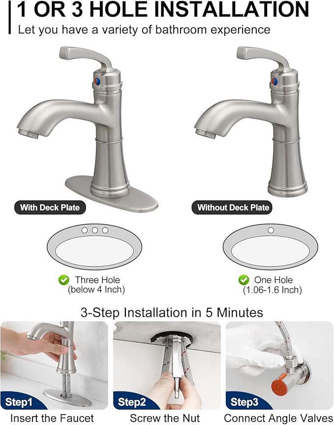 Brushed Nickel Bathroom Faucet Single Handle, Brass Bathroom Vanity Faucet 4 Inch Bathroom Sink Faucet 1 Hole or 3 Holes, Bathroom Faucets with Deck Plate & Pop-up Drain, No Noise