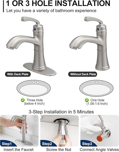 Brushed Nickel Bathroom Faucet Single Handle, Brass Bathroom Vanity Faucet 4 Inch Bathroom Sink Faucet 1 Hole or 3 Holes, Bathroom Faucets with Deck Plate & Pop-up Drain, No Noise