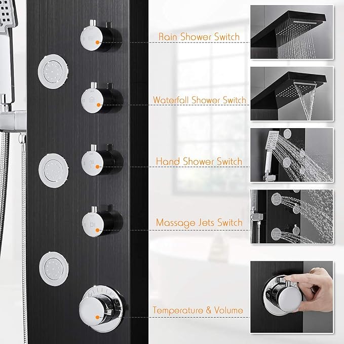 ROVATE 4-in-1 Rainfall Waterfall Shower Panel Tower System, Black | Shower Column with Body Massage Jets and Handheld, Stainless Steel High Pressure, Use Multiple Functions Simultaneously
