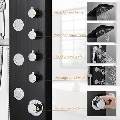 ROVATE 4-in-1 Rainfall Waterfall Shower Panel Tower System, Black | Shower Column with Body Massage Jets and Handheld, Stainless Steel High Pressure, Use Multiple Functions Simultaneously