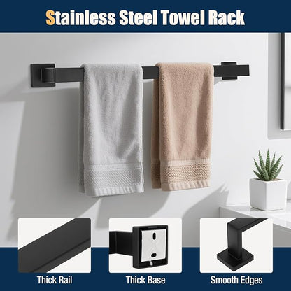 10 Pcs Matte Black Bathroom Hardware Accessories Set 23.6 Inch Wall Mounted | Bath Towel Bar Kit with Square Towel Racks Ring and Towel Hooks, Paper Holder, 304 Stainless Steel