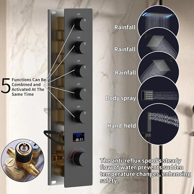 16X26 inch Shower System Matte Black Shower Head and Handle Set | Temperature Display Shower Faucet with Dual 8 inch Shower Head, 6 Body Jet, Handheld Shower, 5 Functions Can All Run Together
