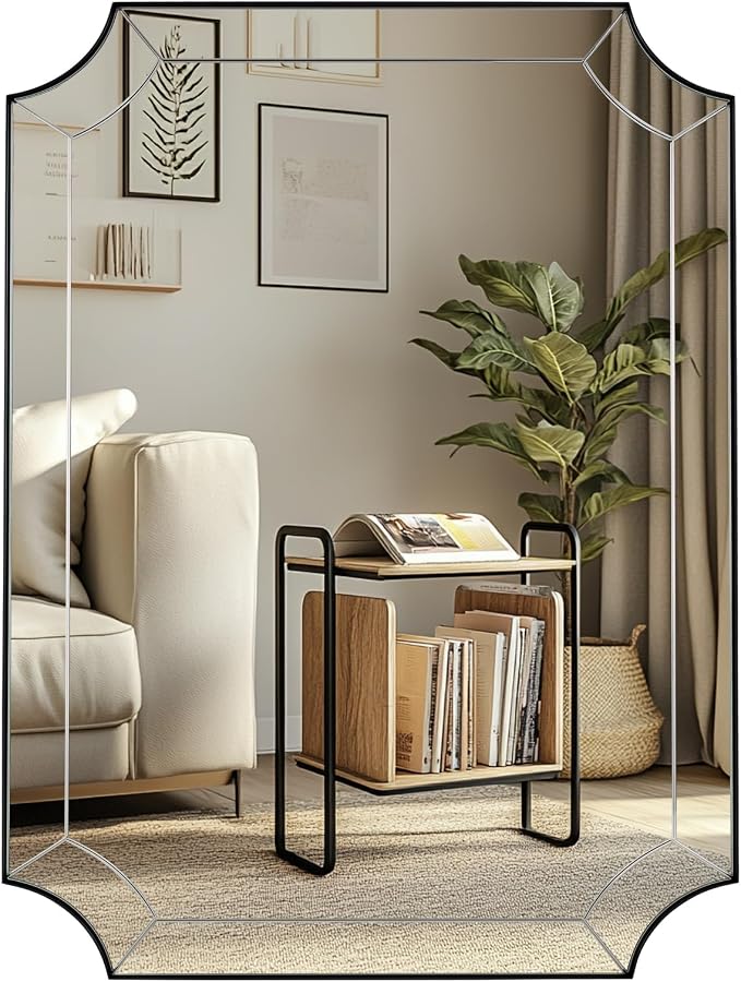 Black Bathroom Mirror, 30x40 Scalloped Mirror for Bathroom, Metal Framed Curved Vanity Mirror, Large Notched Corner Mirror with Delicate Tessellated Glass Design, Horizontal & Vertical