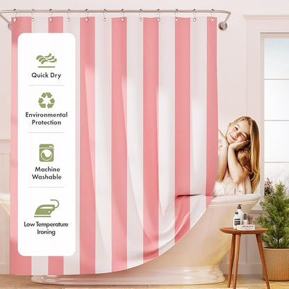 AmazerBath Pink Vertical Stripes Shower Curtain, Cute Pink Stripe Bathroom Shower Curtain with 12 Shower Curtain Hooks, Rustic Fabric Pink and White, 72x72 Inches