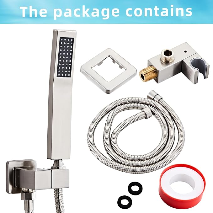Brushed Nickel Square Hand Shower Head, handheld shower head with hose,Brass High Pressure Rinse With Adjustable Water Supply Elbow Wall Mount Connector Shower Bracket and Hose Set