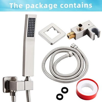 Brushed Nickel Square Hand Shower Head, handheld shower head with hose,Brass High Pressure Rinse With Adjustable Water Supply Elbow Wall Mount Connector Shower Bracket and Hose Set