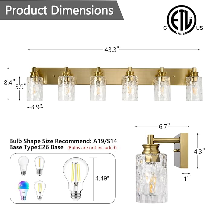 6 Light Bathroom Vanity Light Modern Brushed Gold Bathroom Light Fixtures Over Mirror with Hammered Glass Lampshade for Kitchen Hallway