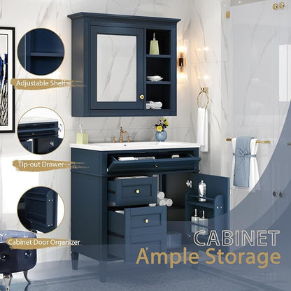 Merax 30 Inch Bathroom Vanity with Sink Set, Modern Bathroom Vanity Storage Cabinet with Matching Mirror Medicine Cabinet, Solid Wood Frame，Painted Finish, 2 Drawers and 1 Tip-Out Drawer, Navy Blue