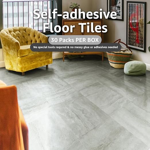 Art3dwallpanels Peel and Stick Floor Tile 30-Pack 12x12 inch Beige Marble | Self Adhesive, Waterproof Vinyl Flooring, Marble Pattern, for Kitchen, Dining Room, Bedrooms, Cover 30 Sq. Ft