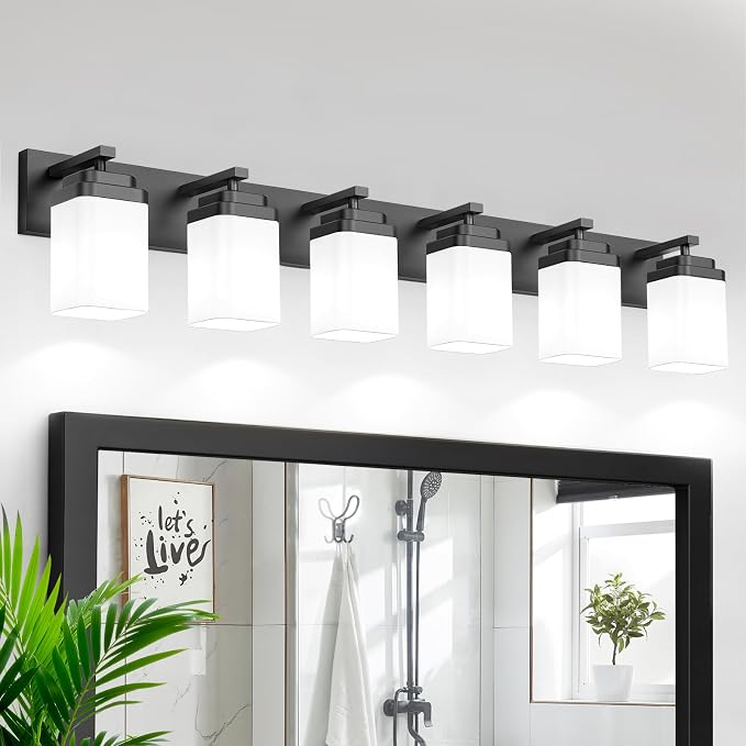 Matte Black Bathroom Light Fixtures, 6 Lights Bathroom Lighting Fixtures Over Mirror, Square Design & Rectangle Large Backplate, Modern Vanity Lighting Fixtures, for Living Room/Bedroom