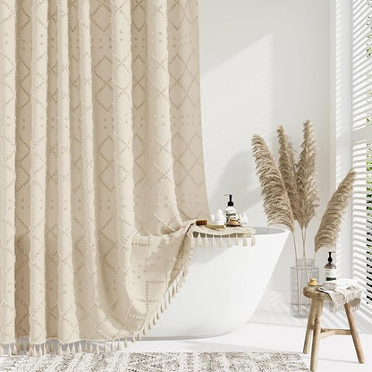 Extra Long Boho Fabric Shower Curtain Tufted Geometric 72x84 Beige | 84 Inch Tall, Elegant Tassel, Lightweight Textured Fabric, Water Repellent, Washable, Hotel Spa, for Bathroom/Dorm 12 Hooks
