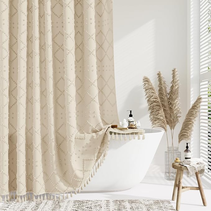 Boho Farmhouse Fabric Shower Curtain Tufted Geometric 72x72 Beige | Elegant Tassel, Soft Lightweight Textured Fabric, Water Repellent, Washable, Hotel Spa, for Bathroom/Dorm/Apartment 12 Hooks