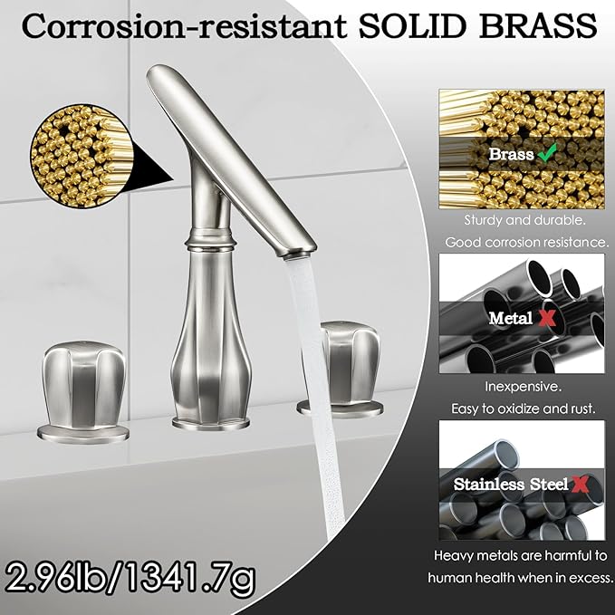 Bathroom Faucets for Sink 3 Hole, 8 Inch Widespread Bathroom Faucet Brushed Nickel, Solid Brass Modern Vanity Faucet with Adjustable Spout 2 Handles and Supply Hoses