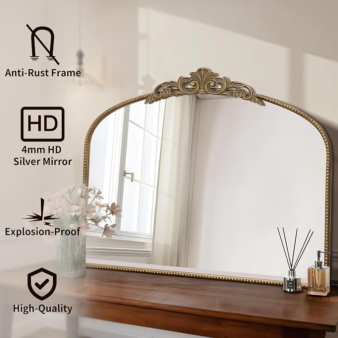 Micasso Vintage Gold Arched Mirror: 36"x29" Baroque Antique Wall Mirror | Traditional Ornate French Decorative Wall Mirror for Bedroom/Bathroom/Entryway/Hallway/Dresser/Vanity/Mantel/Nightstand