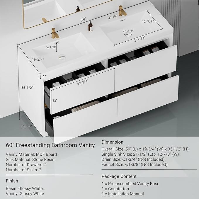 60 Inch Bathroom Vanity with Sink, Double Sink Bathroom Vanity, Freestanding Vanity Bathroom Soft Closed 4 Drawers, Integrated Sink (Glossy White)