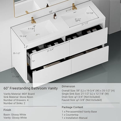 60 Inch Bathroom Vanity with Sink, Double Sink Bathroom Vanity, Freestanding Vanity Bathroom Soft Closed 4 Drawers, Integrated Sink (Glossy White)
