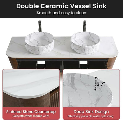 60" Floating Bathroom Vanity with Carrara Finish Sink, Walnut | Pre-Assembled Fluted Wall Mounted Double Sink Vanity with Sintered Stone Countertop, Soft-Close Drawers & Towel Rack