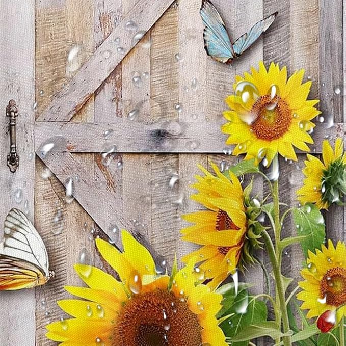 Rustic Spring Summer Sunflowers Butterfly Shower Curtain for Stall Cabin, Wooden Board Western Barn Door RV Bath Curtain, Fabric Vintage Daisy Floral Botanical Decor Curtain with Hooks 36X70IN