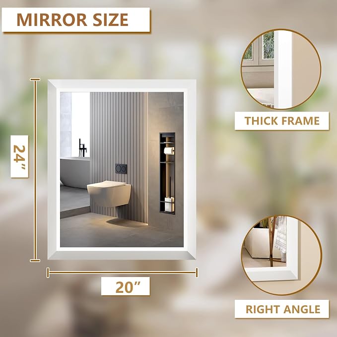 SMIROR 20x24 Matte White Bathroom Vanity Mirror for Over Sink | Metal Wide Frame, Rectangle, Right- Angle Corner, Anti-Rust, Horizontally or Vertically Wall- Mounted for Home Remodel
