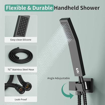 Shower Faucet Set Shower System - SR SUN RISE Matte Black Shower Trim Kit with Dual Shower Head, 12'' Ceiling Rainfall 6'' Wall Mount with Handheld Shower for Couples, Complete 6 Diverter Valve