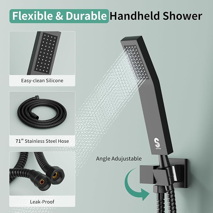 Shower Faucet Set Shower System - SR SUN RISE Matte Black Shower Trim Kit with Dual Shower Head, 10'' Ceiling Rainfall 6'' Wall Mount with Handheld Shower for Couples, Complete 6 Diverter Valve