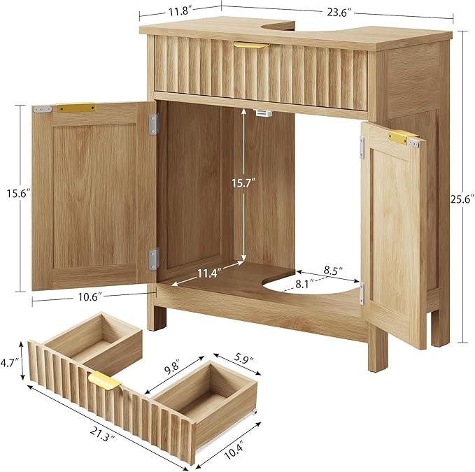 Pedestal Sink Storage Cabinet with 2 Doors and Drawer, Bathroom Sink Cabinet with U-Shape Cut-Out, Fluted Pedestal Sink Cabinet, Natural Oak