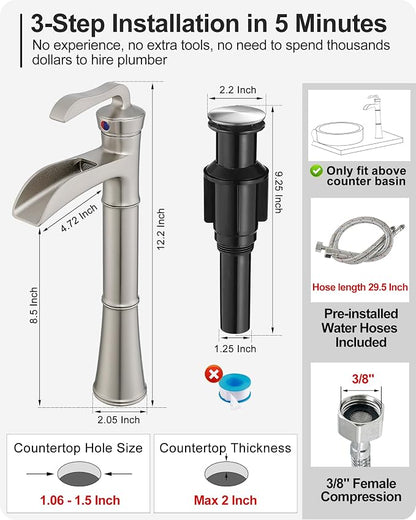 Brass Vessel Sink Faucet Brushed Nickel, Waterfall Bathroom Sink Faucet 1 Hole, Single Handle Bathroom Faucet, Tall Faucet for Bathroom Sink with Pop-Up Drain & Water Hoses for Save Water