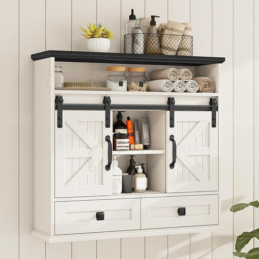 Vabches Bathroom Wall Cabinet, Farmhouse Medicine Cabinet with Double Sliding Barn Door and Storage Drawer, Wooden Vintage Storage Cabinet Wall Mounted for Bathroom, Kitchen, Rustic White and Black