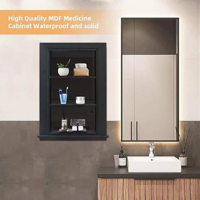 14 x 24 Recessed Medicine Cabinet, Black Bathroom Wall Cabinet, 3-Tier Wall Niche with Glass Interior, for Bathroom Storage