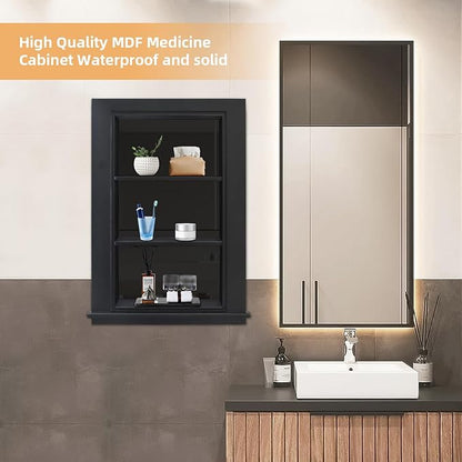 14 x 24 Recessed Medicine Cabinet, Black Bathroom Wall Cabinet, 3-Tier Wall Niche with Glass Interior, for Bathroom Storage