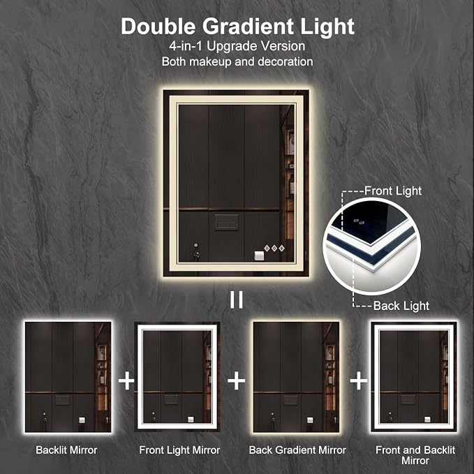 LED Mirror, 28x36 Inch Gradient Front and Backlight Lighted Mirror, 3 Colors Dimmable CRI>90 Double Lights, IP54 Enhanced Anti-Fog, Hanging Plates Wall Mount LED Bathroom Mirror