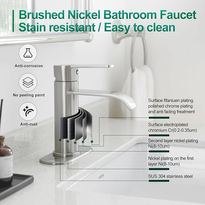 VOTON Waterfall Bathroom Faucet Brushed Nickel, Single Handle 1 or 3 Hole Modern Sink Faucet with Deck Plate & Pop-Up Drain, Vanity Washbasin Tap