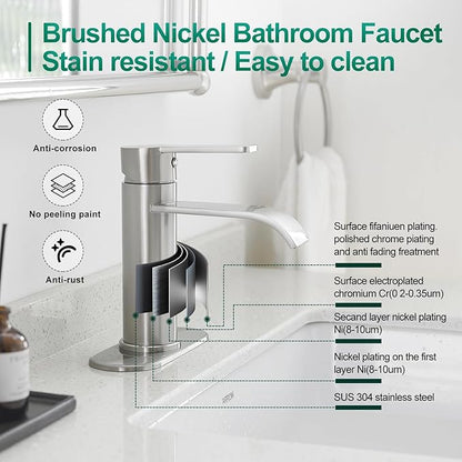 VOTON Waterfall Bathroom Faucet Brushed Nickel, Single Handle 1 or 3 Hole Modern Sink Faucet with Deck Plate & Pop-Up Drain, Vanity Washbasin Tap