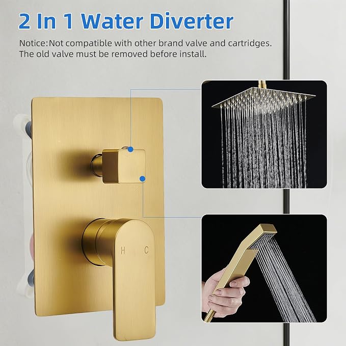 Shower Faucet Set With 8" Shower Head And Handheld Gold | Wall Mounted Shower System Valve Include 2 Function