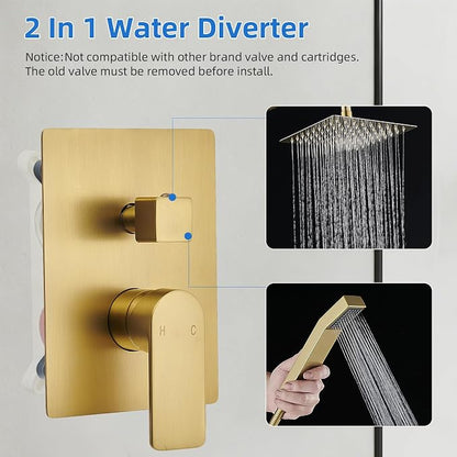 Shower Faucet Set With 8" Shower Head And Handheld Gold | Wall Mounted Shower System Valve Include 2 Function