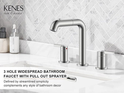 KENES Widespread Bathroom Faucet with Sprayer, Brushed Nickel Bathroom Sink Faucet with Pull Down Sprayer, 8 Inch 3 Hole Pull Out Bathroom Faucet with Pop Up Drain & Supply Lines LJ-9058A