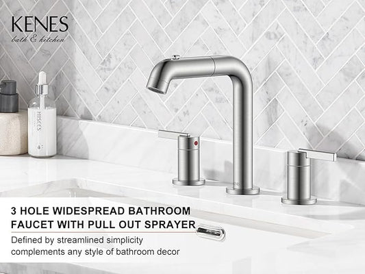 KENES Widespread Bathroom Faucet with Sprayer, Brushed Nickel Bathroom Sink Faucet with Pull Down Sprayer, 8 Inch 3 Hole Pull Out Bathroom Faucet with Pop Up Drain & Supply Lines LJ-9058A